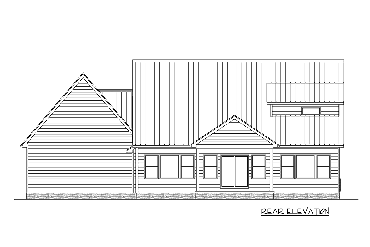 Line drawing of the rear elevation of a house, featuring varying roof lines and window placements. Text at the bottom reads, 'REAR ELEVATION'.