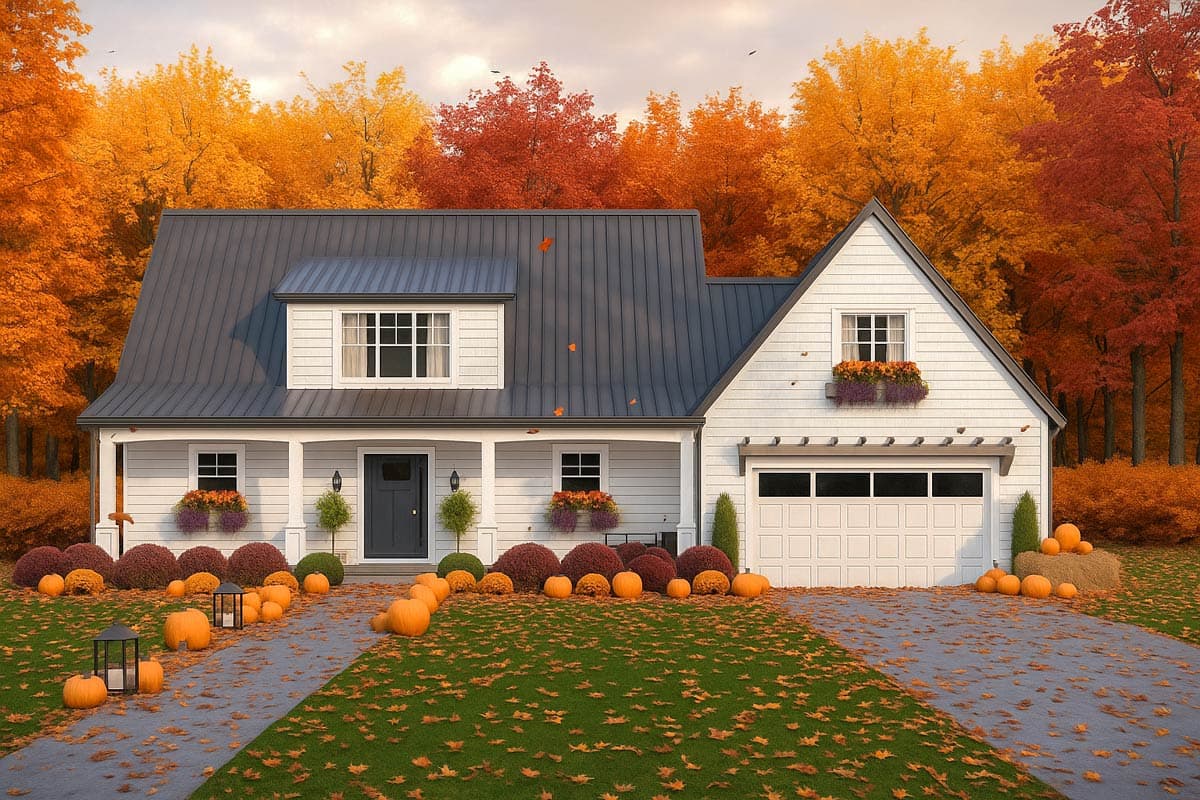White farmhouse decorated for autumn, pumpkins line the walkway and yard, framed by vibrant fall foliage in shades of orange and red.
