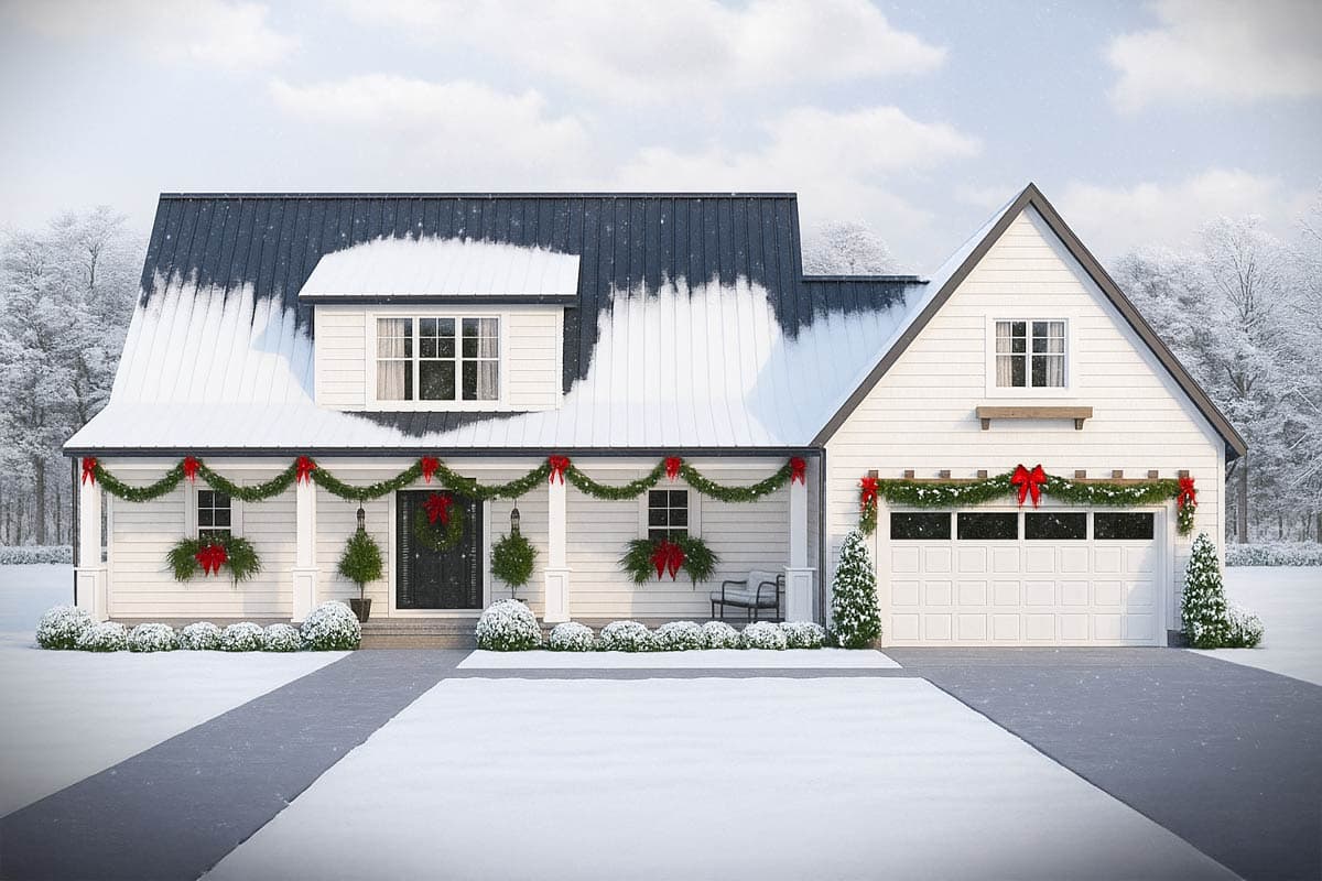 A snowy, white house decorated for Christmas with garland, red bows, and a wreath. Snow covers the roof, yard, and trees in the background.