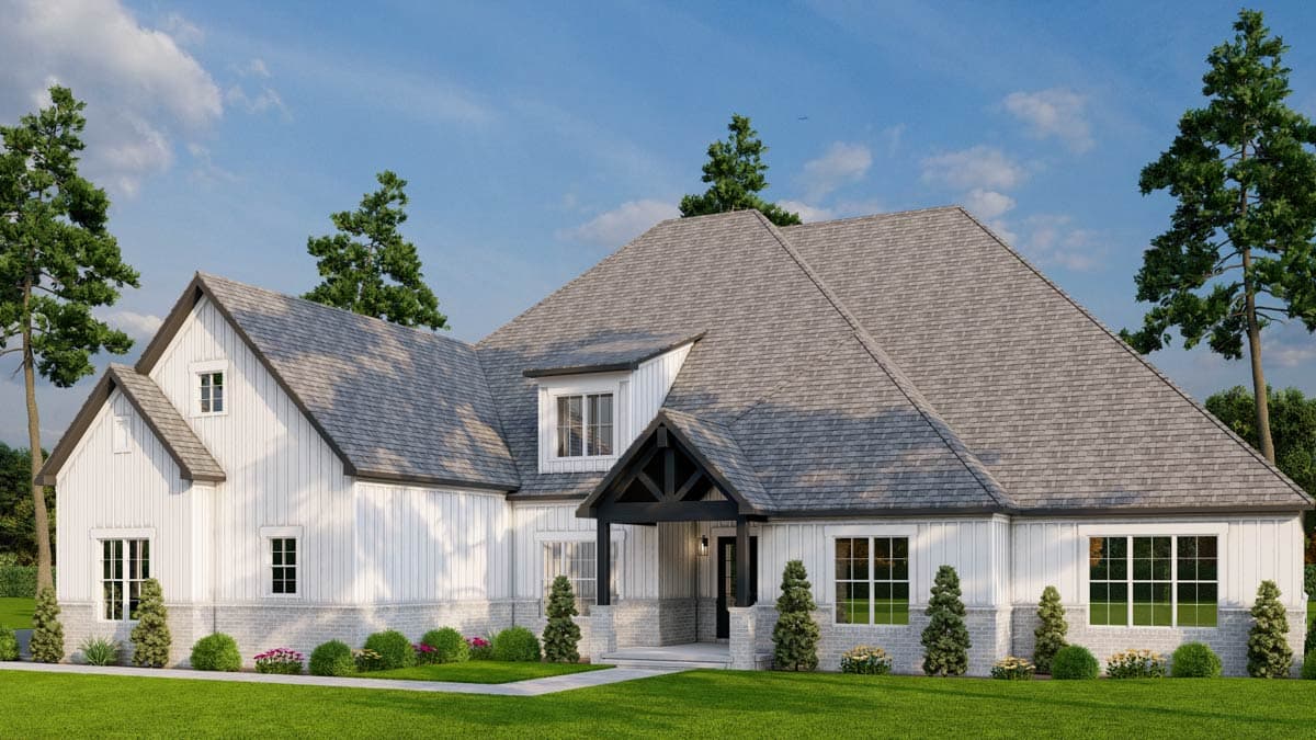 Modern Farmhouse house plan exterior, white vertical siding, prominent gables, and a covered entry with dark timber accents.