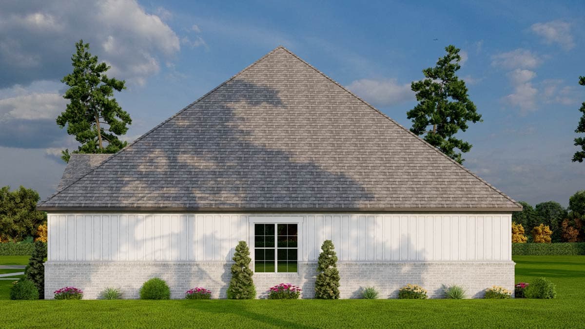 House plan exterior showing a gable roof, board and batten siding, and a brick foundation.