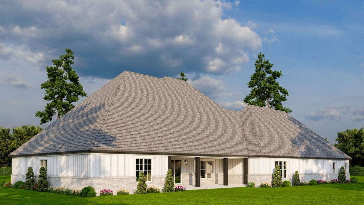 House plan exterior: A one-story home with a prominent gable roof, board-and-batten siding, brick foundation, and a covered porch.