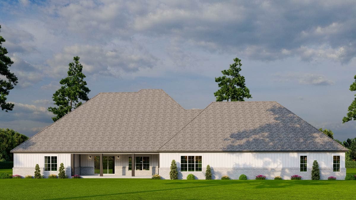 House plan exterior: One-story Modern Farmhouse with intersecting gabled rooflines, covered rear patio, and board and batten siding.