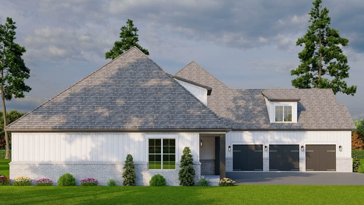 House plan exterior: Modern Farmhouse style, one story, prominent gables, white board and batten siding, brick base, and a three-car garage.