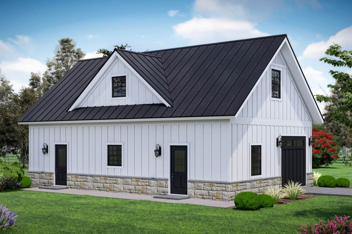 House plan exterior. Modern Farmhouse style with a standing seam metal roof, gables, and stone veneer base. Features a garage and two doors.