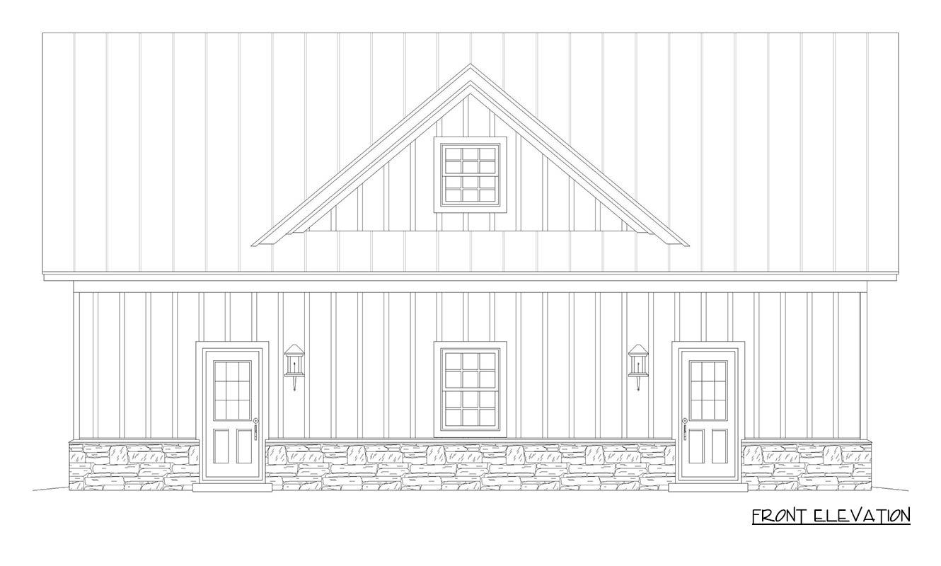 Front elevation of a house plan featuring a metal roof, board and batten siding, stone wainscoting, two doors, and a gable dormer.