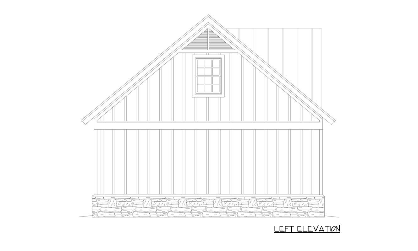 Left elevation drawing of a house plan with board-and-batten siding, stone foundation, and a gable dormer with a window.