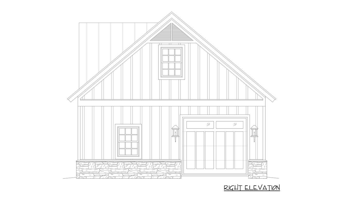 Right elevation drawing of a house plan with board and batten siding, stone foundation, garage door, and gabled roof with a dormer window.