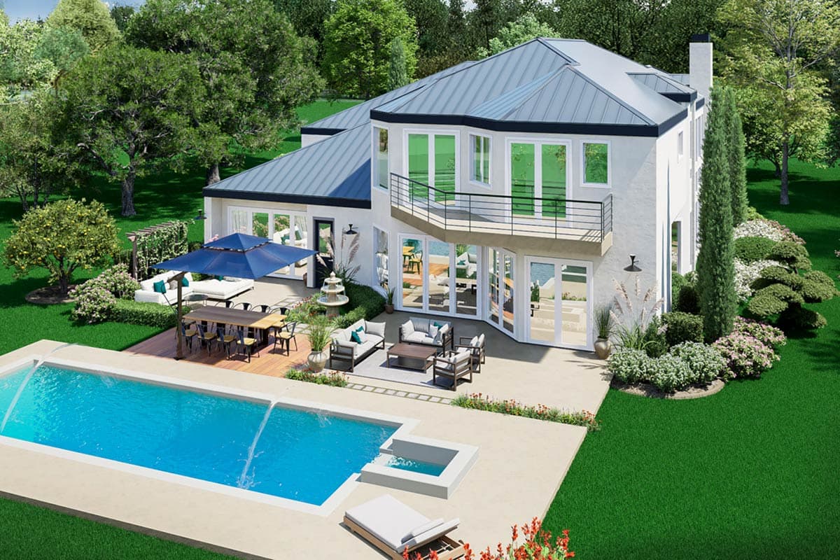 House plan exterior: Two-story Modern Farmhouse with white stucco, gabled roof, and extensive glass doors. Features balcony and pool.