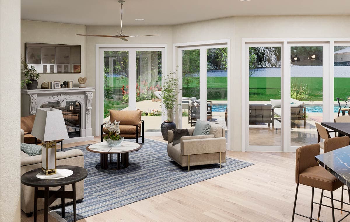 Interior rendering of living room with fireplace, seating, and large glass doors opening to a pool area.