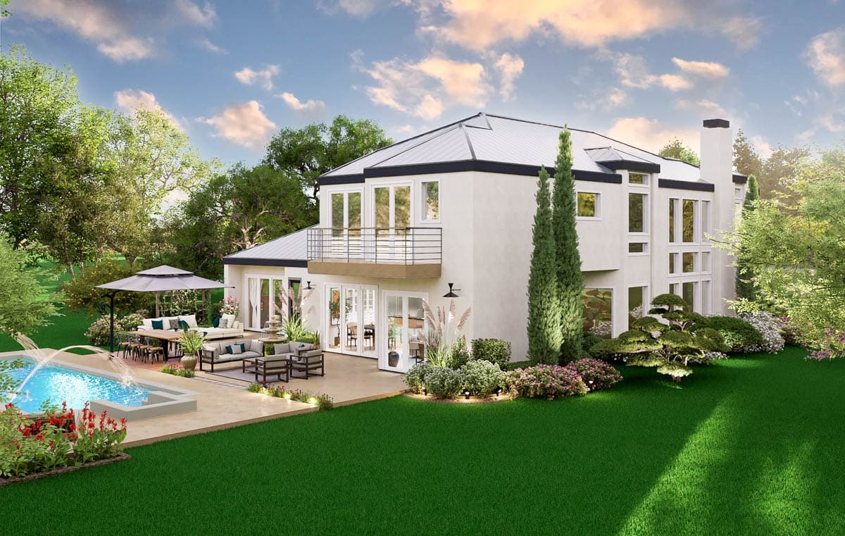 House plan exterior: Modern style, two stories, white stucco, metal roof, balcony, and large windows.