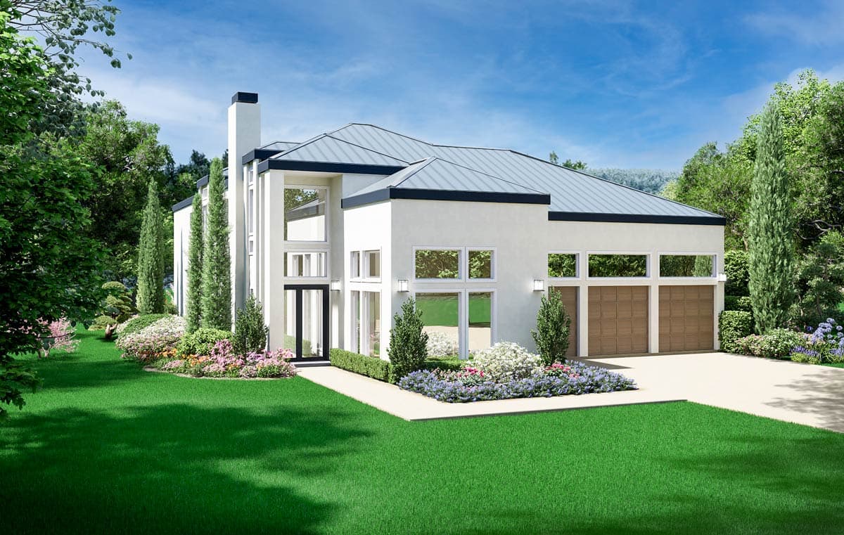 House plan exterior with modern design, two stories, flat roof, and a three-car garage. Features include large windows and a prominent chimney.