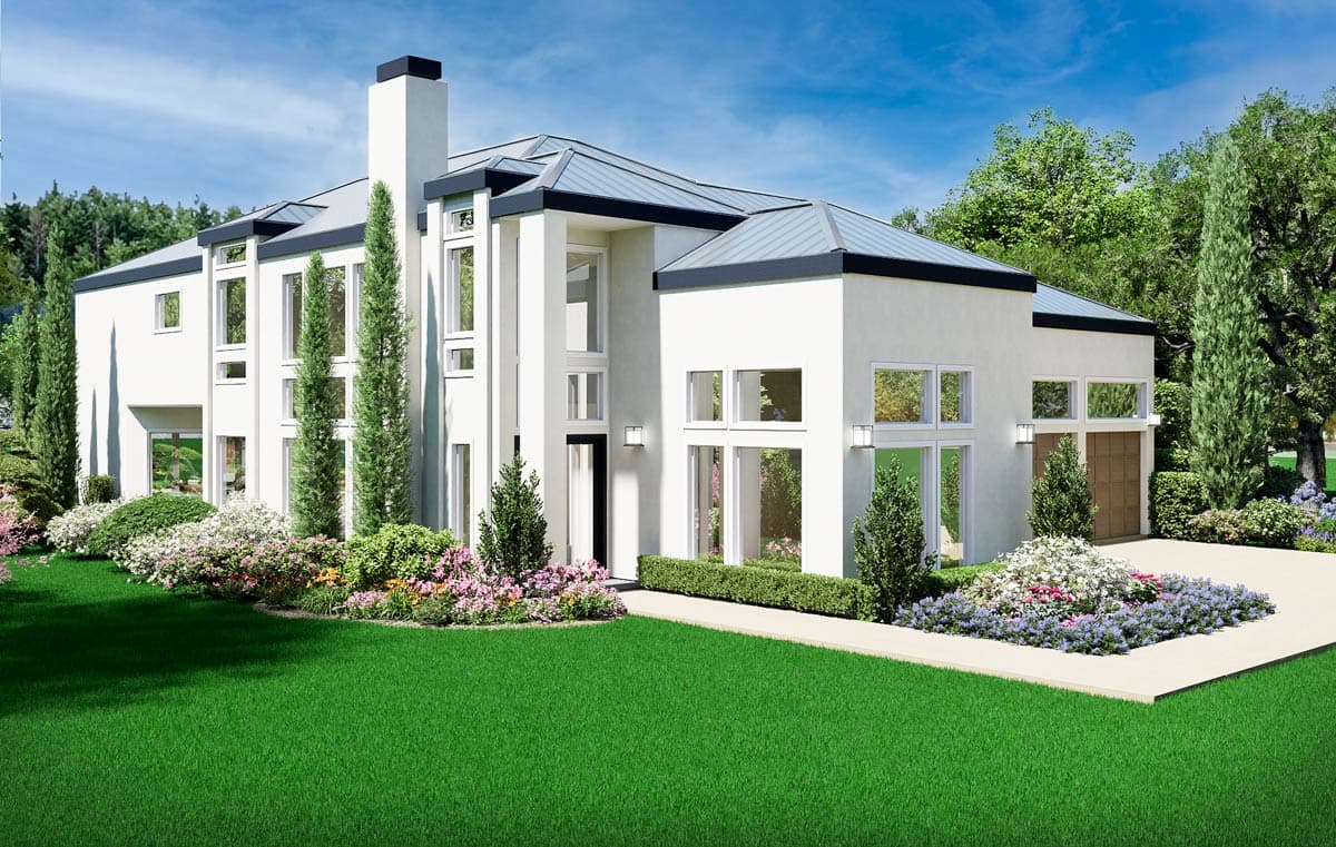 Modern house plan exterior featuring two stories, a prominent chimney, metal roof, and extensive windows.