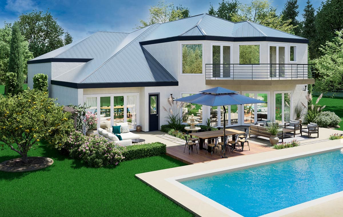 House plan exterior with a metal gable roof, large windows, second-story balcony, patio, and swimming pool.