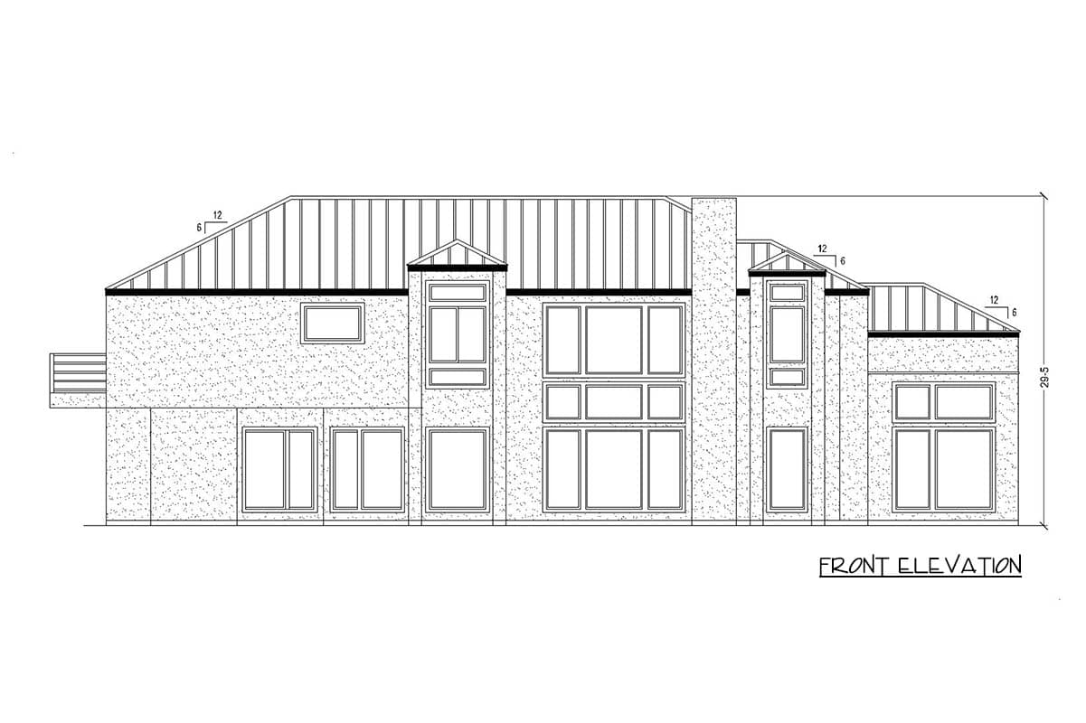 Front elevation drawing of a modern house plan with a multi-level metal roof and many large windows.
