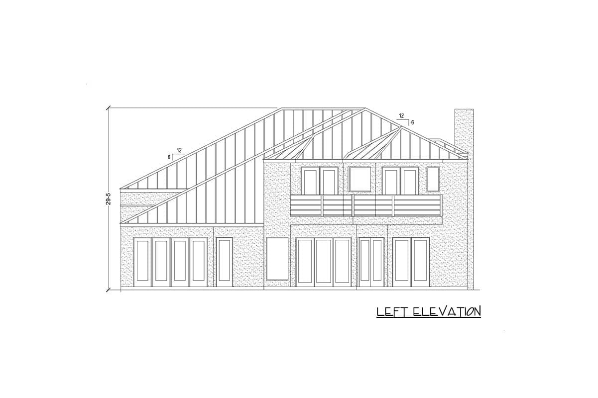 Left elevation of a house plan, showing multiple gables, a balcony, and various window and door configurations.