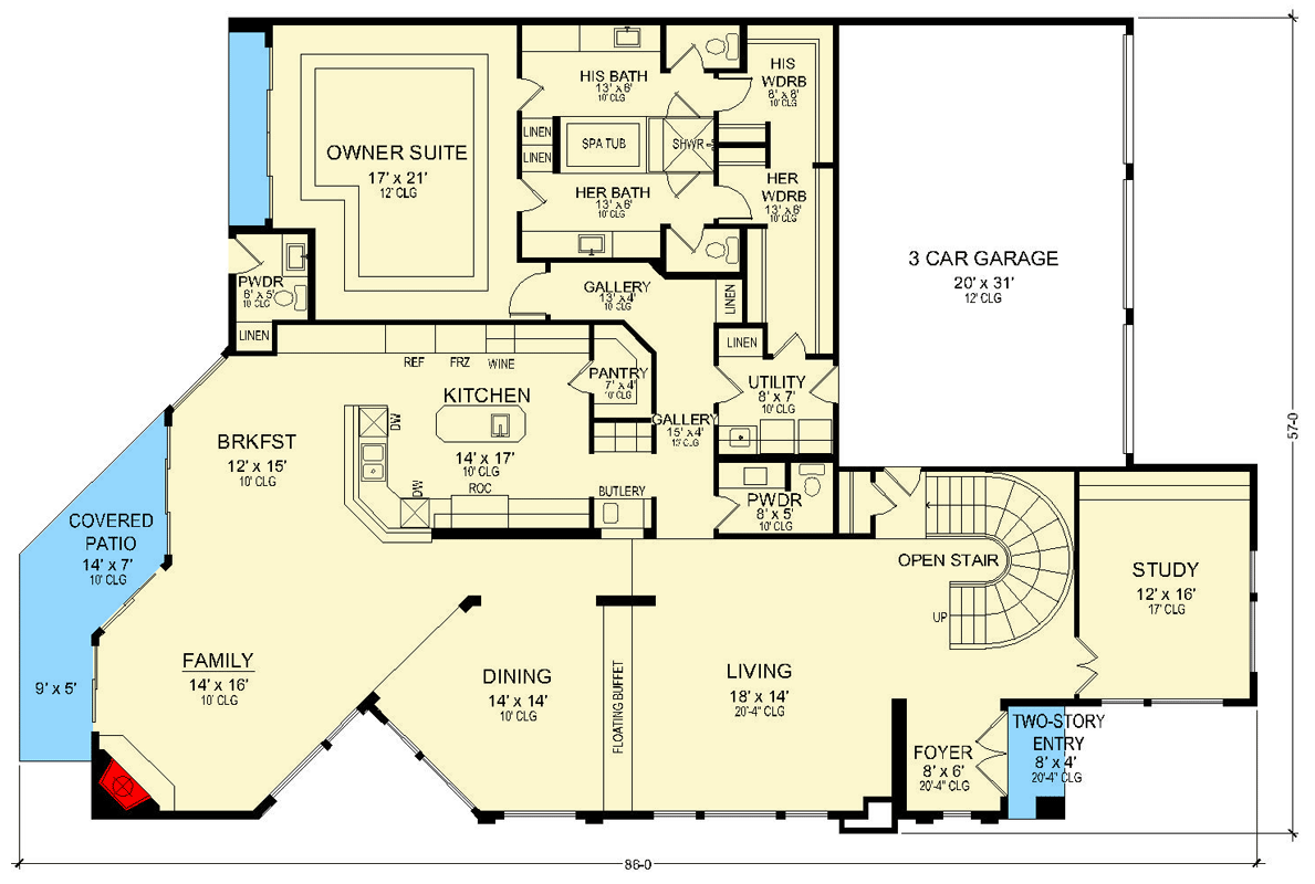 Plan 36711TX: Modern Two-Story House Plan with Floating Buffet and Media Room - Floor Plan - Main Level - Contemporary, Modern