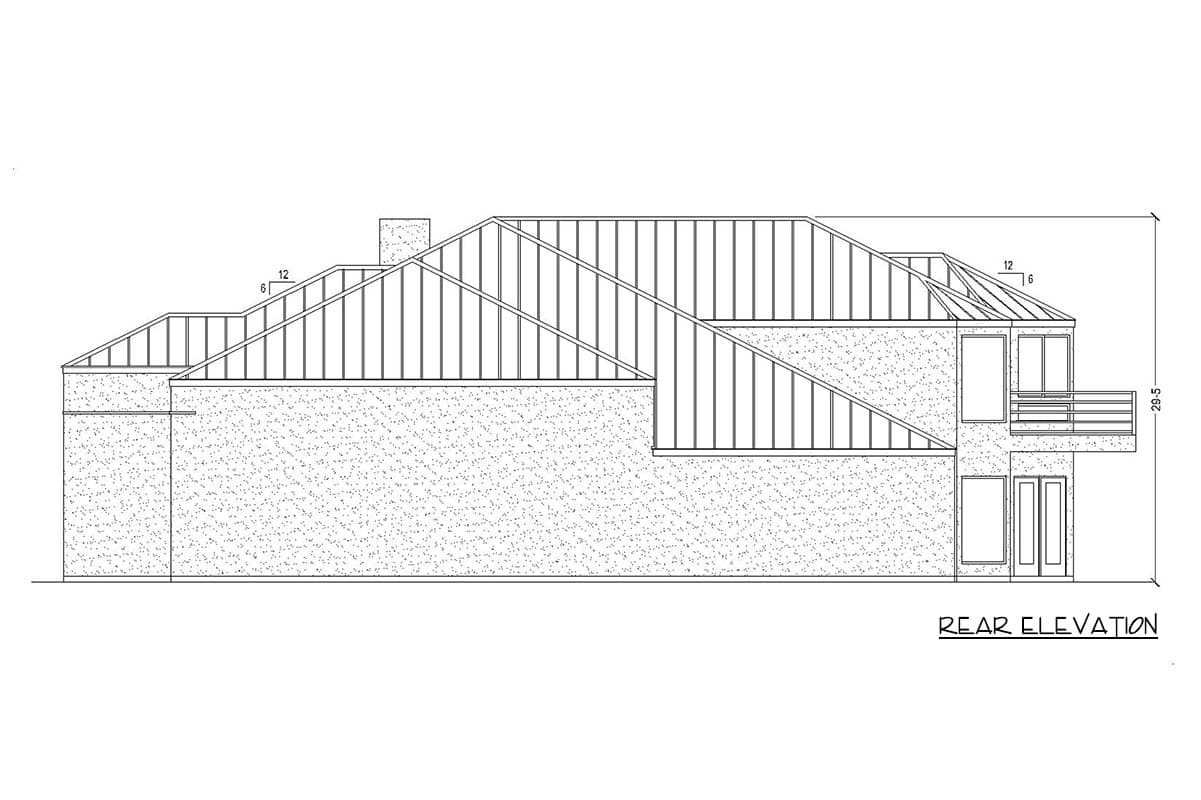 Rear elevation drawing showing a house plan with a pitched roof, prominent gables, and a balcony.