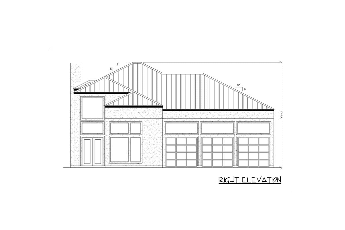 Right elevation of a house plan showing a multi-level roof, large windows, and three garage doors.