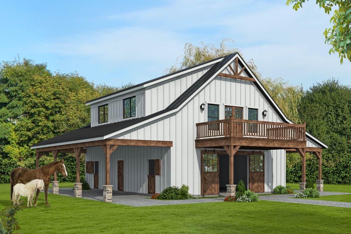 House plan exterior. Two-story barn-style design with covered porch and balcony. Features include gabled roof, wooden accents, and sliding barn doors.