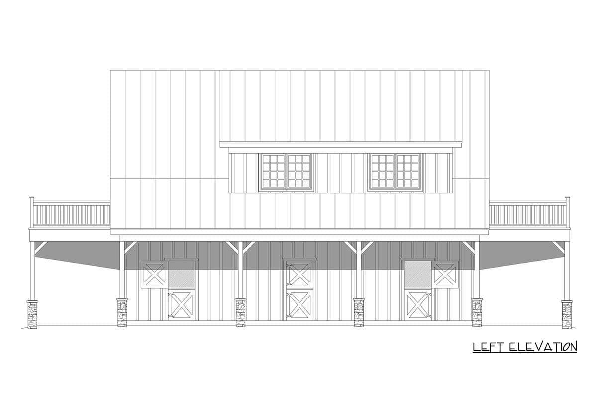 Left elevation house plan with vertical siding, upper level windows, deck, and lower level with three barn-style doors.