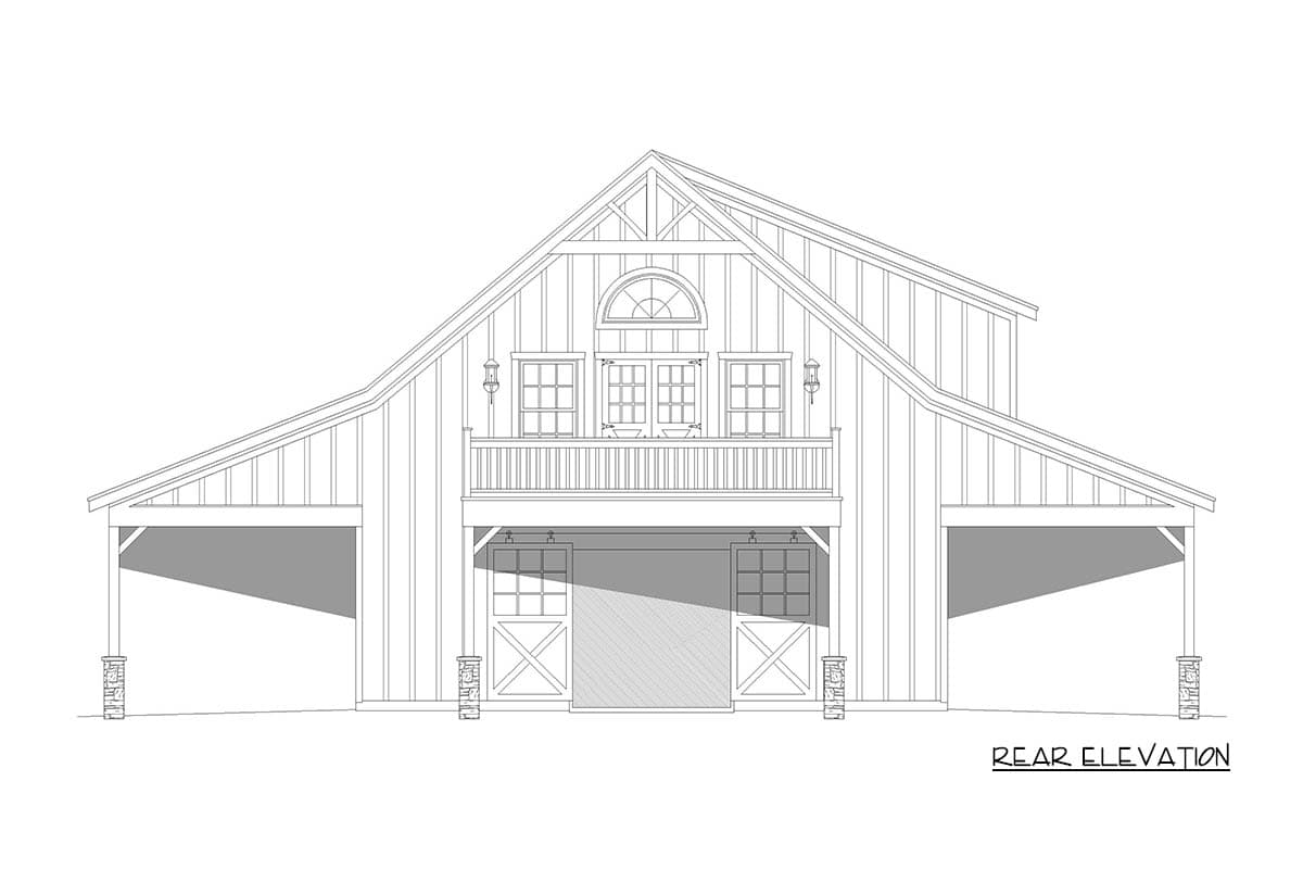 Rear elevation of a house plan featuring a high-pitched gable roof, covered porches, a balcony, and two garage doors.