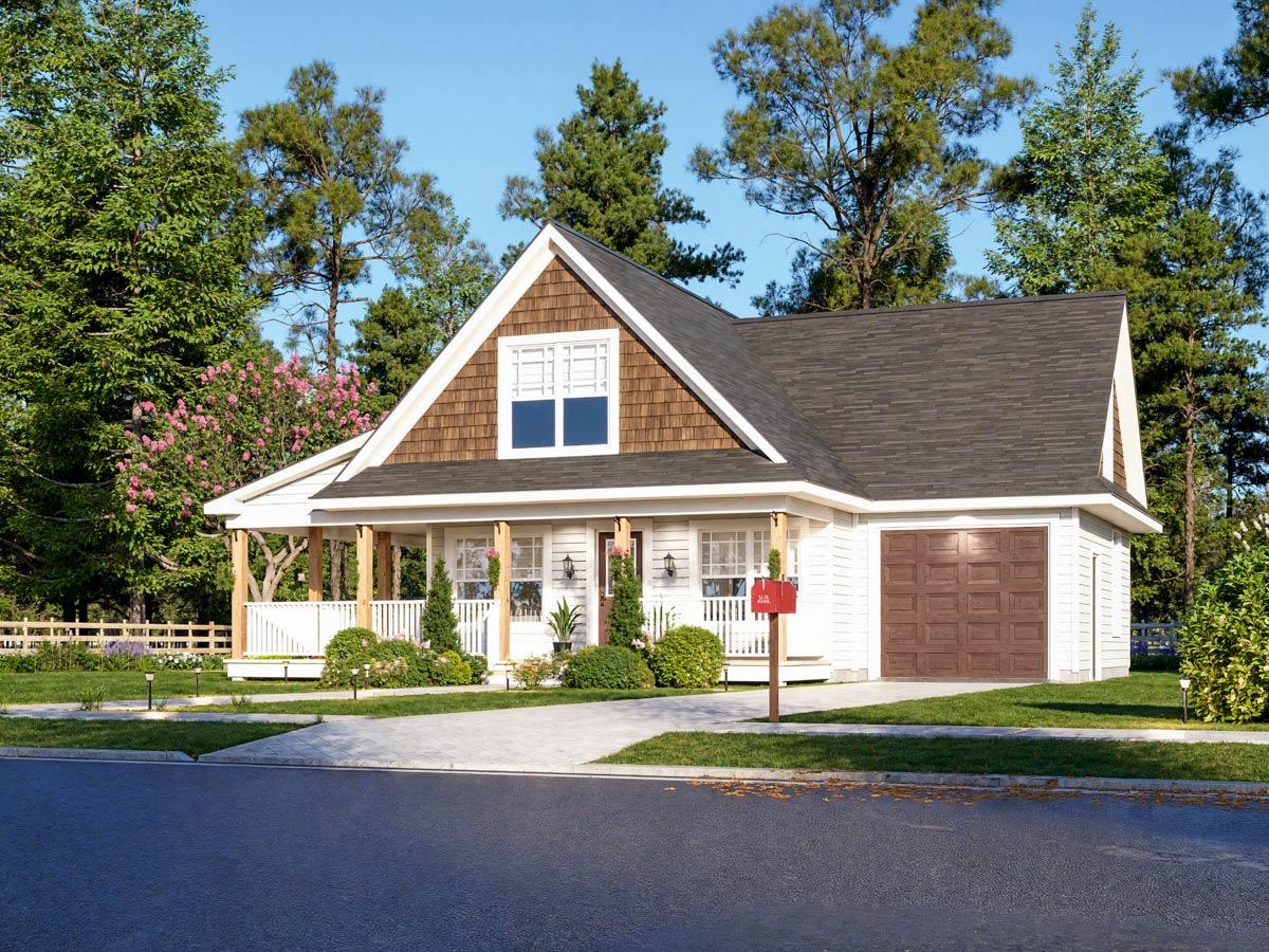 A white suburban house with a brown shingle roof, a porch, and attached garage. Lush green trees surround the house.