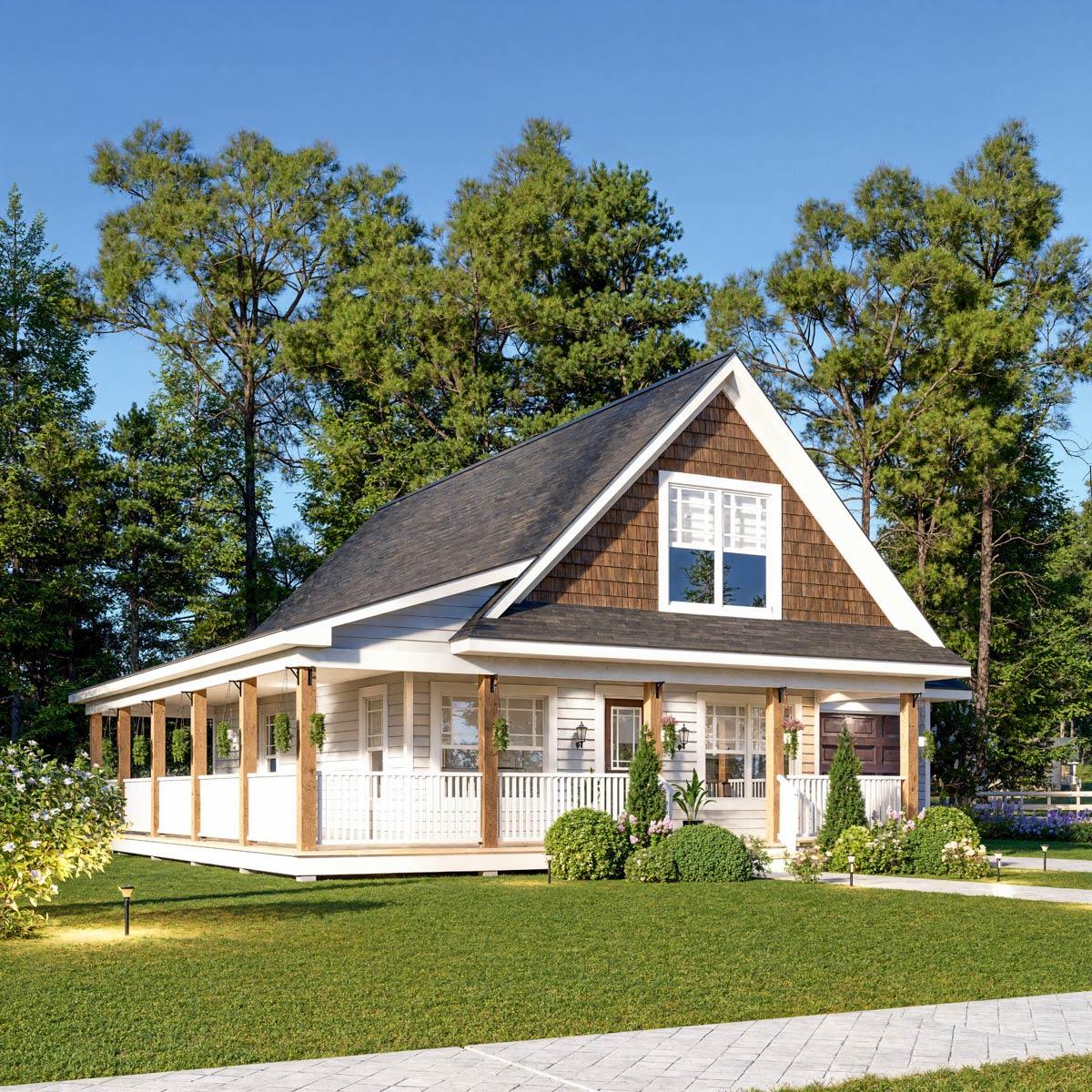 A white and brown house with a large porch is surrounded by trees. The house has a shingled roof and a well-manicured lawn.