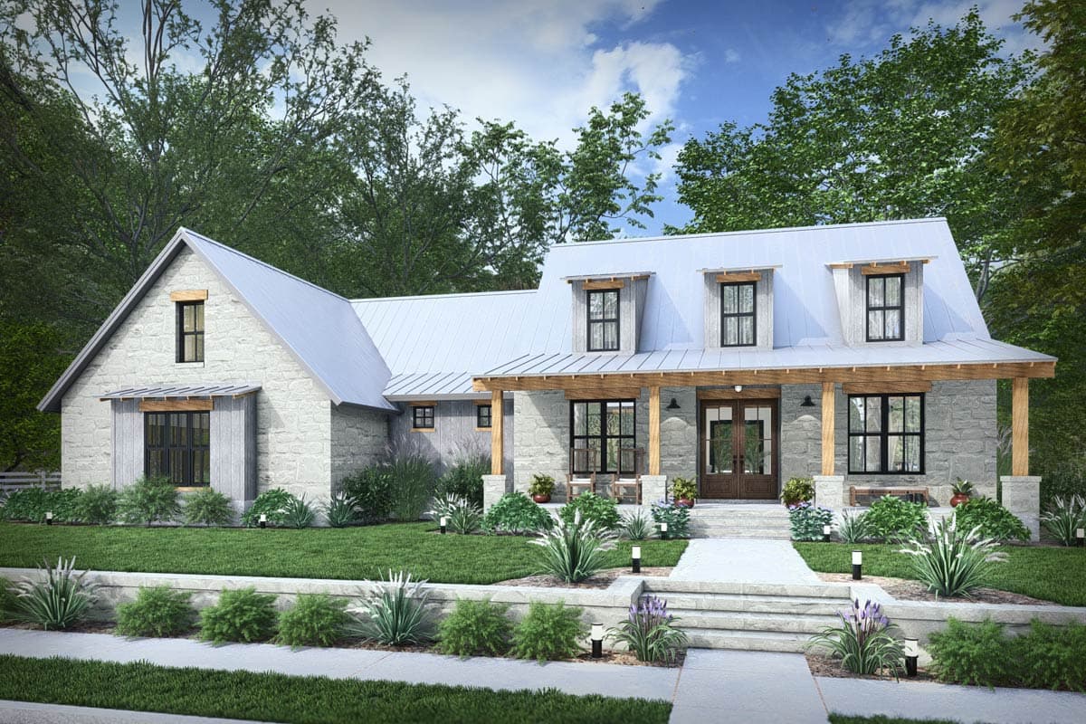 Plan 16943WG: 3-Bed Hill Country Farmhouse with Bonus Room Over