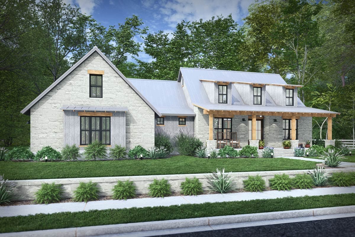 Modern Farmhouse house plan exterior with stone facade, metal roof, large front porch with exposed beams, and gable dormers.