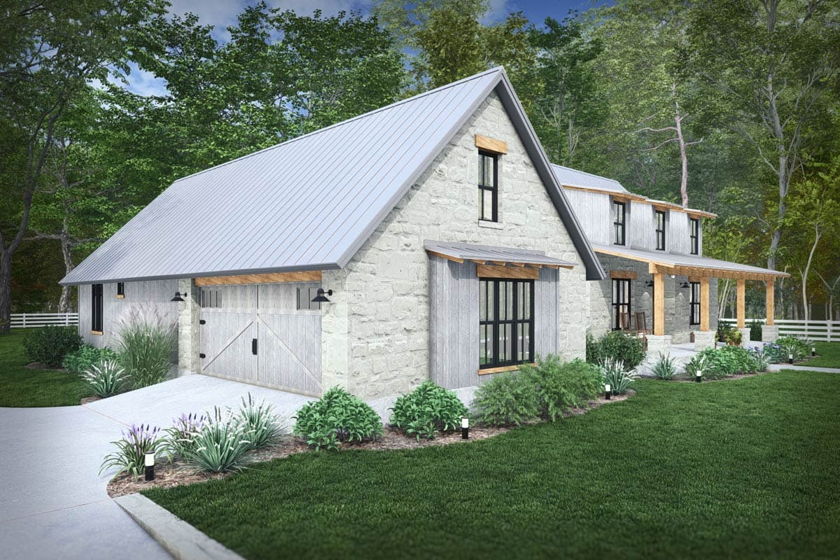 House plan exterior with stone facade, metal roof, barn-style garage door, and covered front porch.