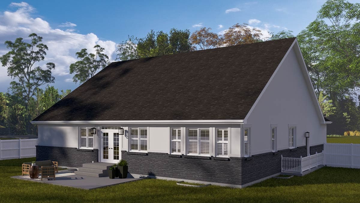 Ranch house plan exterior with a prominent gable end, stone base, white shutters, and double French doors leading to a patio.