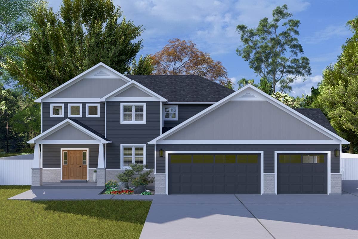 House plan exterior with two stories. Features include gabled rooflines, a front-entry porch, and a two-car garage. Windows on the facade.