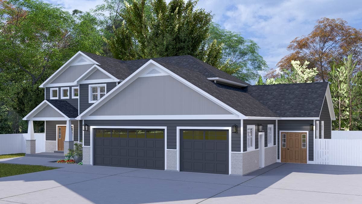 House plan exterior featuring a two-story section with gables and multiple windows, a three-car garage, and a covered entrance.