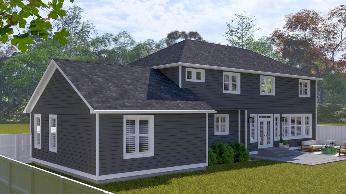 House plan exterior: Two-story home with dark siding, white trim, prominent gabled roof, and numerous windows. Includes a patio and outdoor seating.