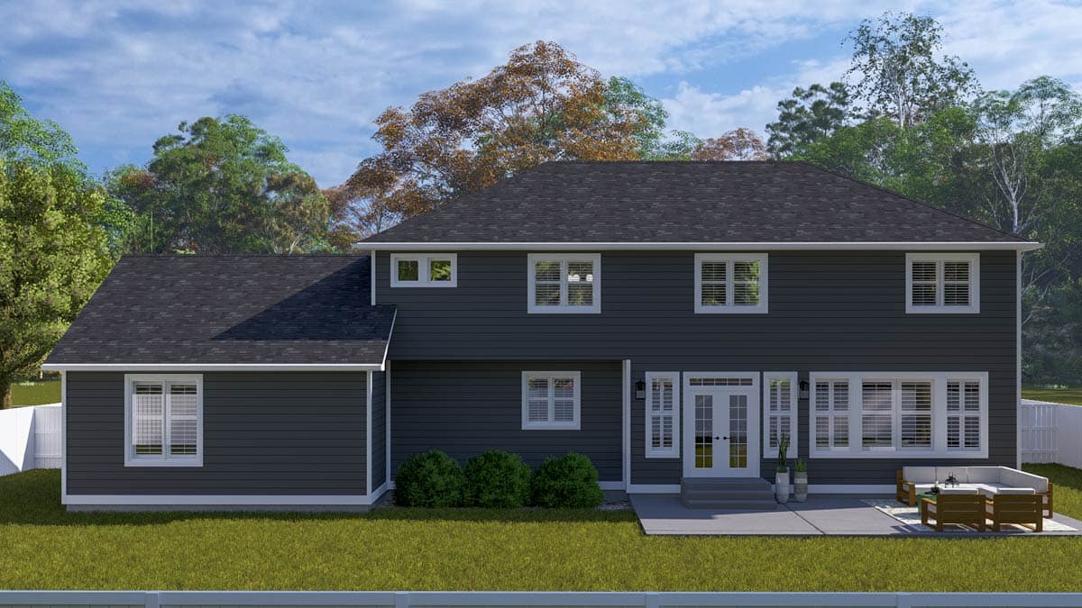 Two-story house plan exterior with dark siding, multiple windows, French doors, and a patio.
