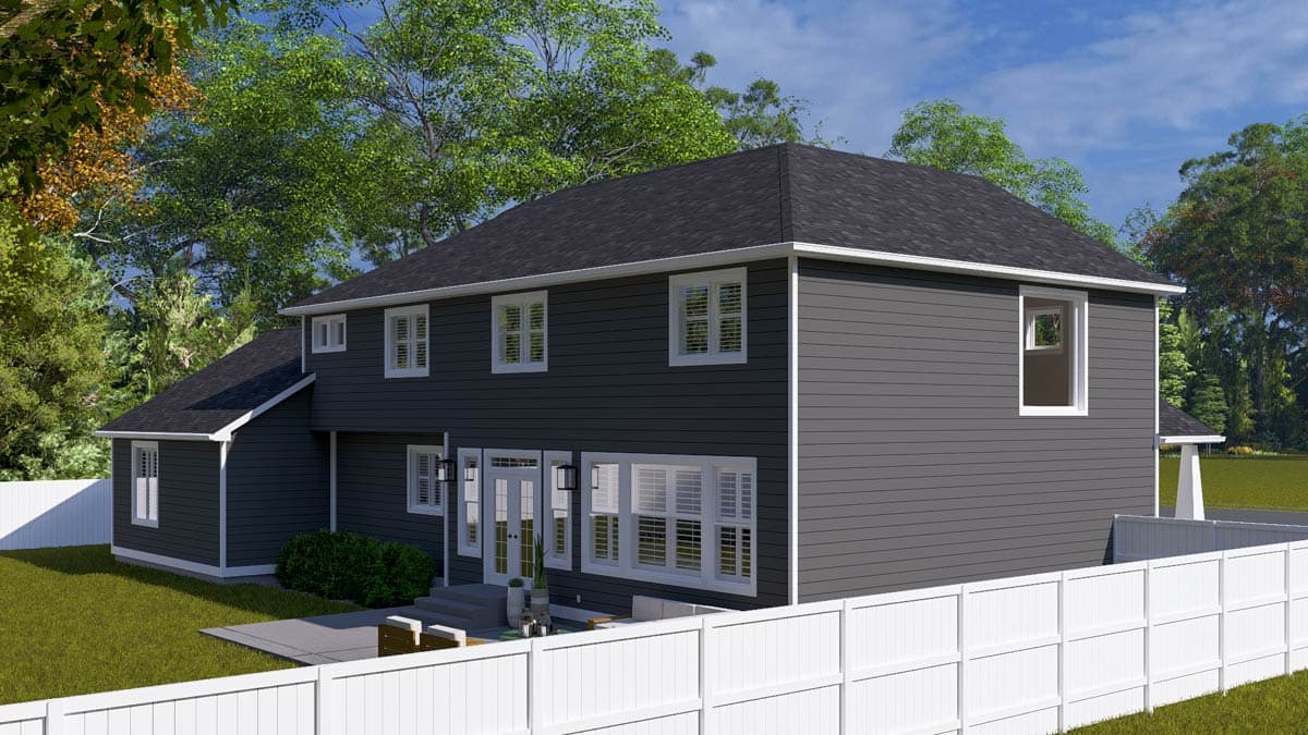 House plan exterior rendering, two-story home with dark siding, gabled roof, and double glass doors leading to patio.