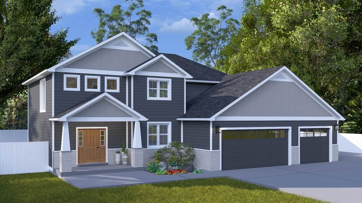 House plan exterior, two-story home with front porch, multiple gables, and attached two-car garage.