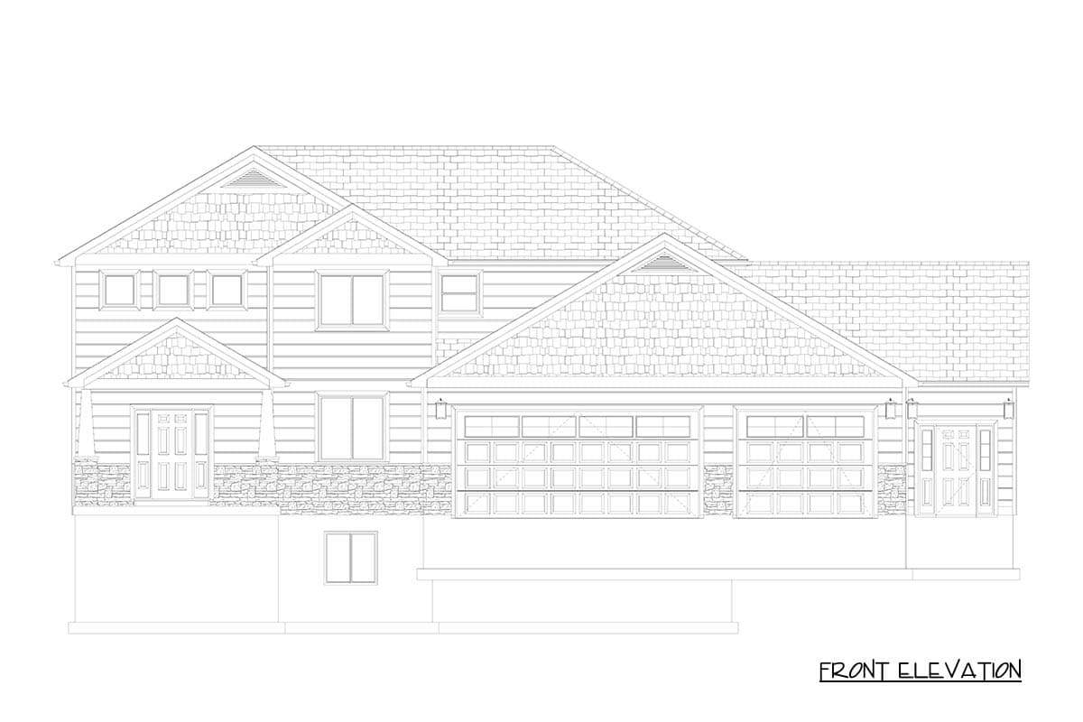 Front elevation drawing of a two-story house with a three-car garage, gables, and stone accents.