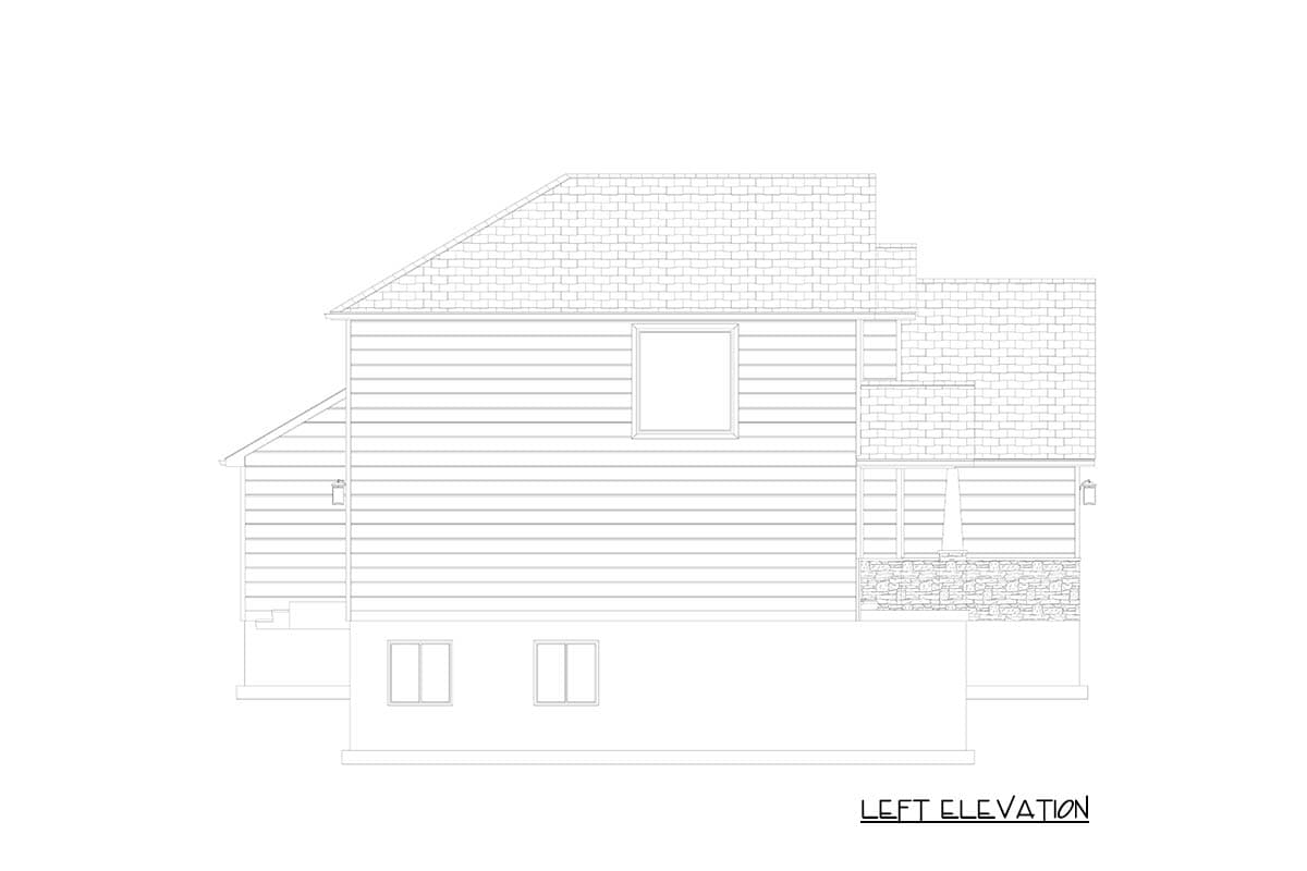 Left elevation drawing of a house plan with horizontal siding, stone base, pitched roof, and two basement windows.