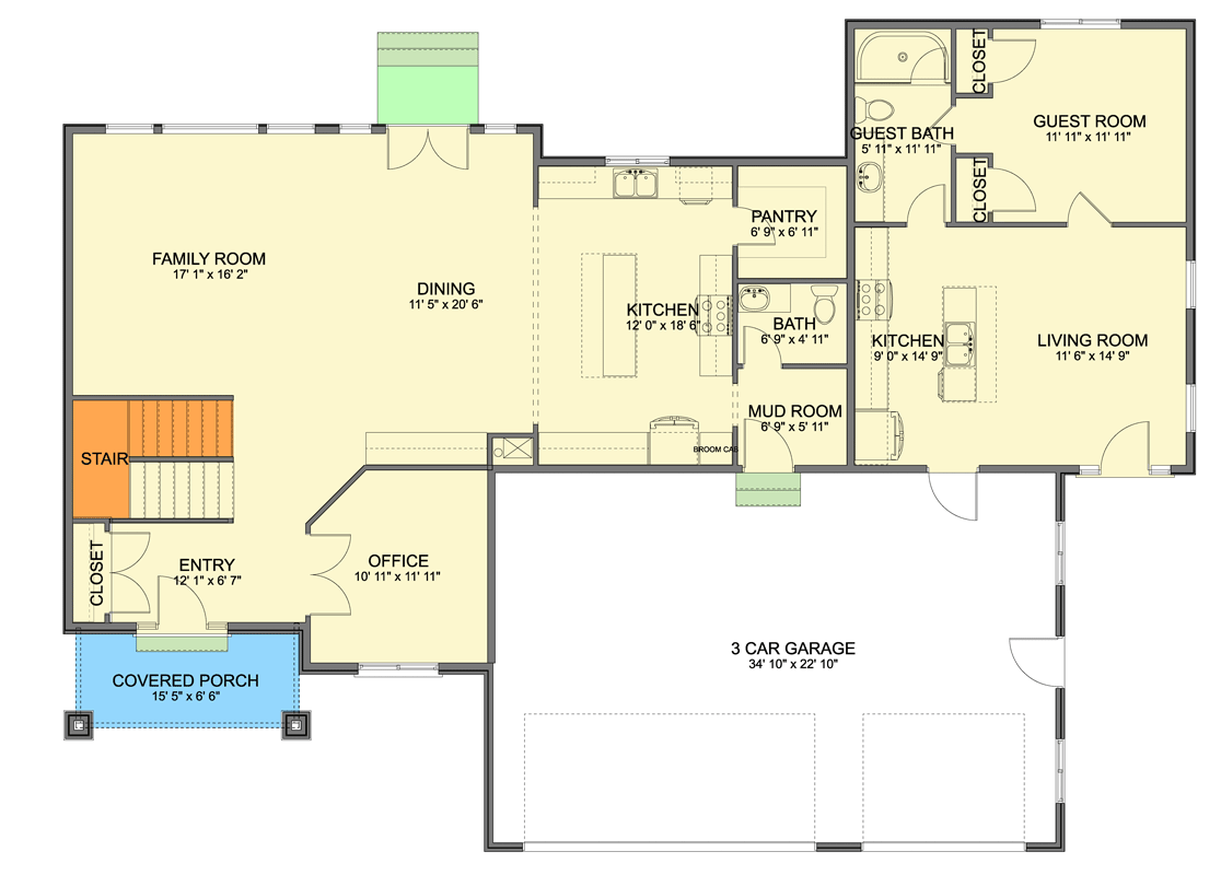 Plan 61652UT: Spacious 5-Bedroom Craftsman House Plan with Office and Attached Apartment - Floor Plan - Main Level - Country, Craftsman, Traditional
