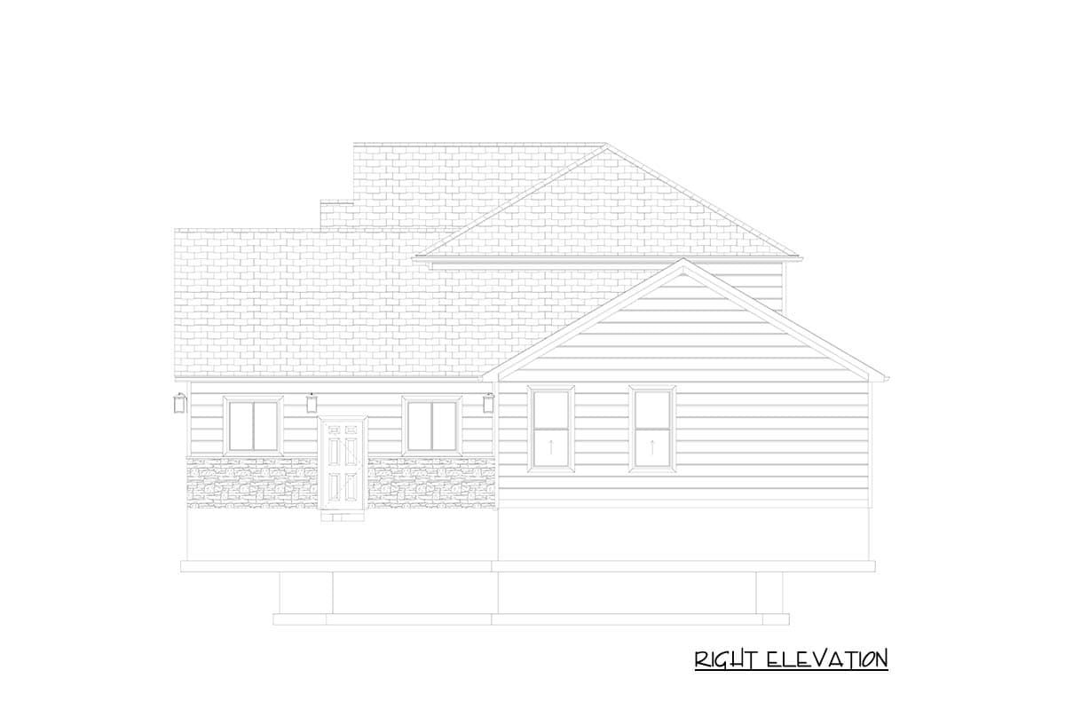 House plan right elevation showing a two-story home with gabled rooflines and stone accenting.
