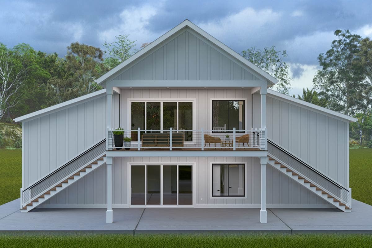 House plan exterior: two-story Modern Farmhouse with gabled roof, upper balcony, and two exterior staircases.
