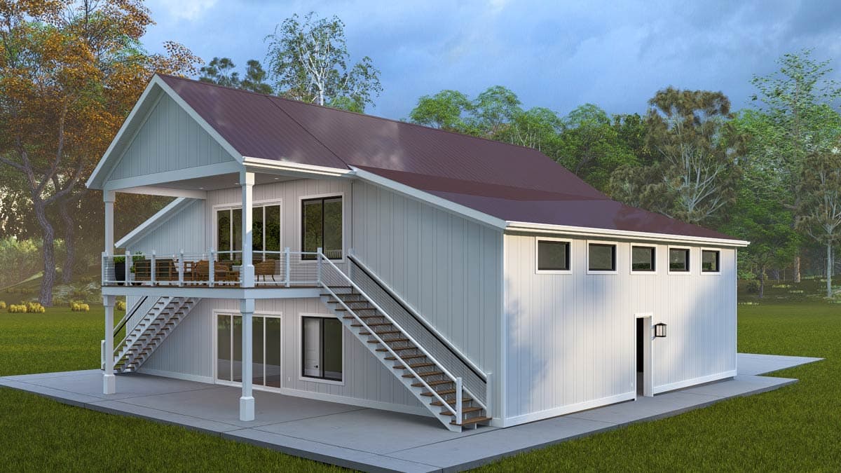 Modern house plan exterior, two stories, with a covered upper deck, external stairs, and metal gable roof.