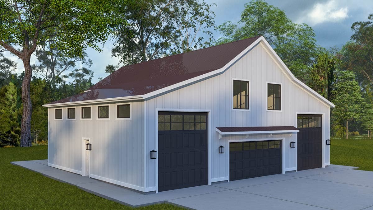 Modern Farmhouse house plan exterior with gambrel roof, three garage bays, and several windows.