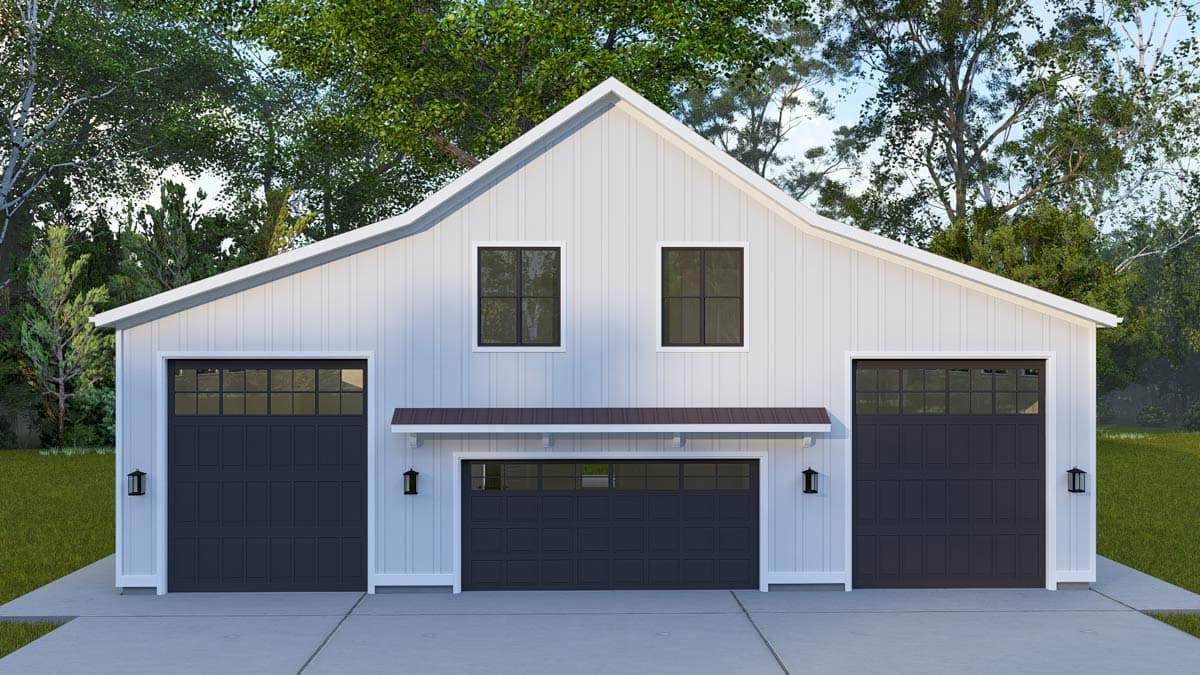 House plan exterior with two-story design in farmhouse style, featuring a gabled roofline, three garage doors, and small windows.