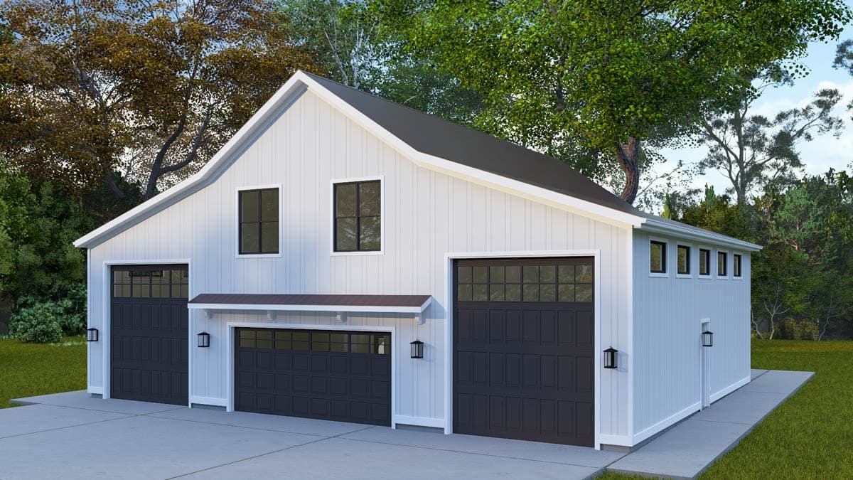 Modern Farmhouse house plan exterior with three garage doors, white vertical siding, gabled roof, and upper-level windows.
