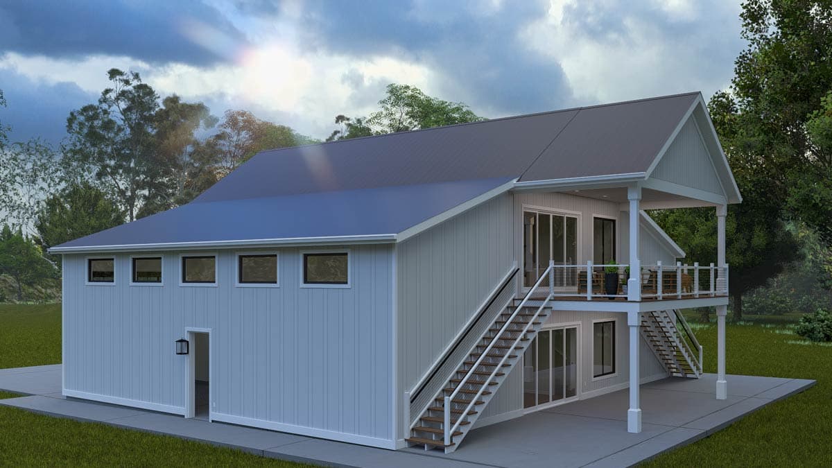 House plan exterior: Modern style, two stories, elevated deck, multiple glass doors, and clerestory windows.
