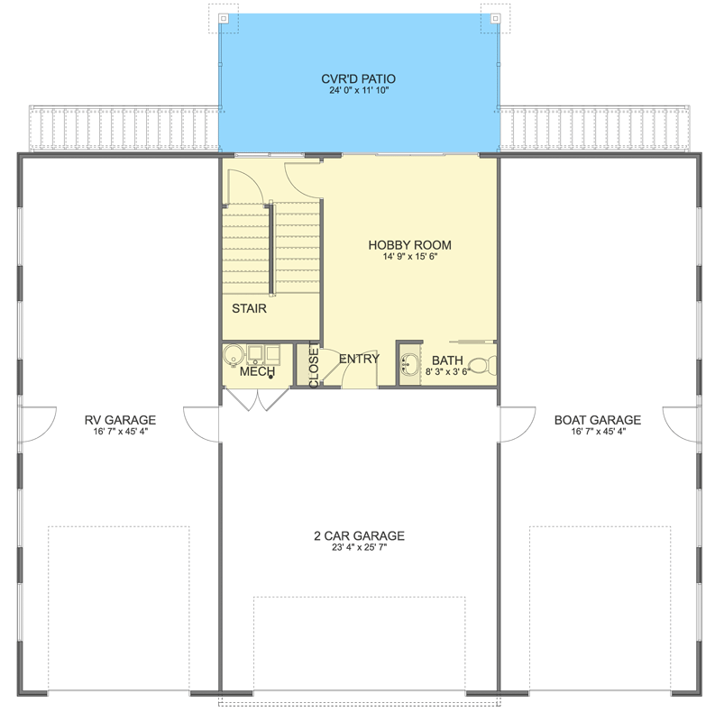 Plan 61653UT: 2-Bed Barndominium Plan with RV and Boat Garage - Floor Plan - Main Level - Barndominium, Country