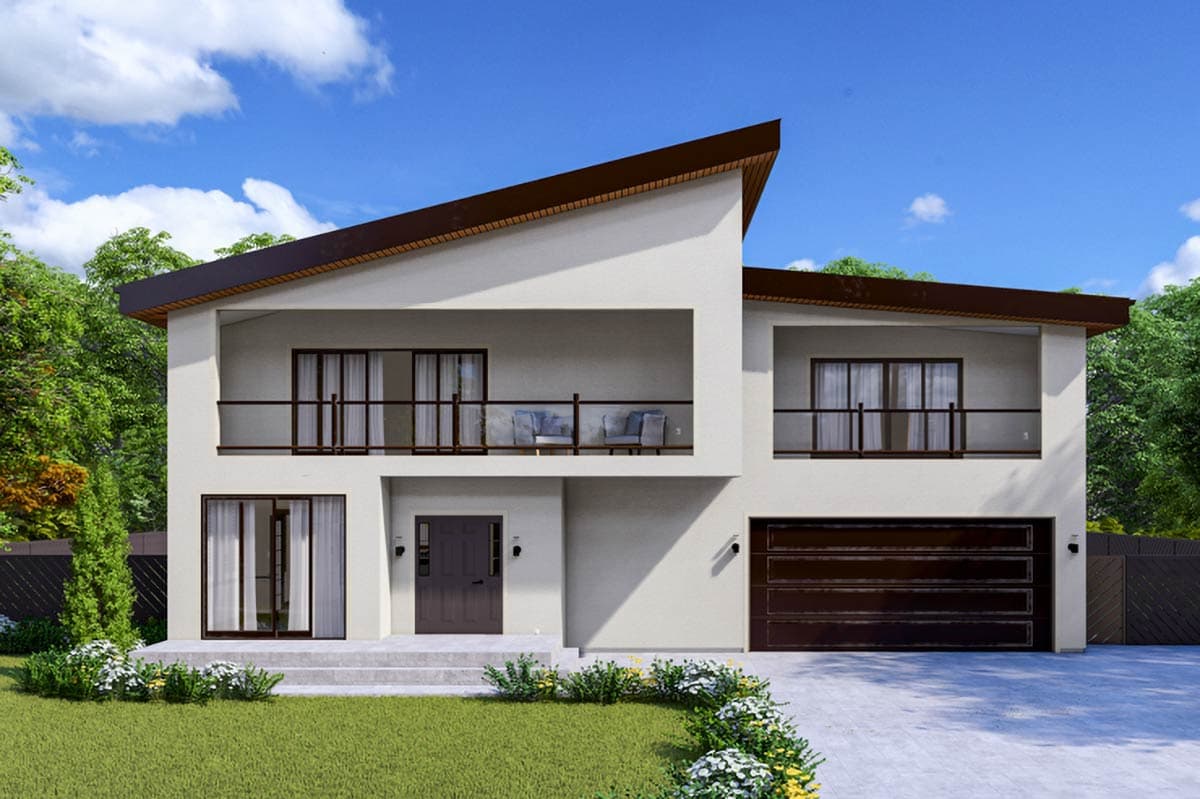 House plan exterior with two stories. Modern style with a flat roof, balcony, and attached garage. Includes large windows and glass railings.